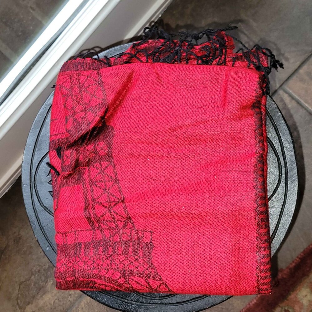 Super Soft Red Graphic Paris Evening Shawl with Eiffel Tower - Picture 2 of 2